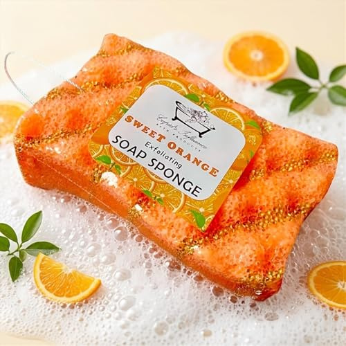 Sweet Orange Exfoliating Soap Sponge | Shower Soap | Soap Filled Massage Sponge | Shower Puff | Exfoliating Body Wash | Tan Remover & Body Scrub | Valentine's Day Gifts | Stocking Fillers