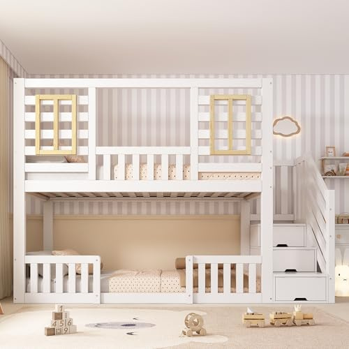 BTM Bunk Beds for Kids, Wooden Cabin Bed with Staircase Storage, Multi-functional Tree-house Bed, Children's House Bed, Twin Sleeper (90+90) x 190 cm, Solid Wood, White