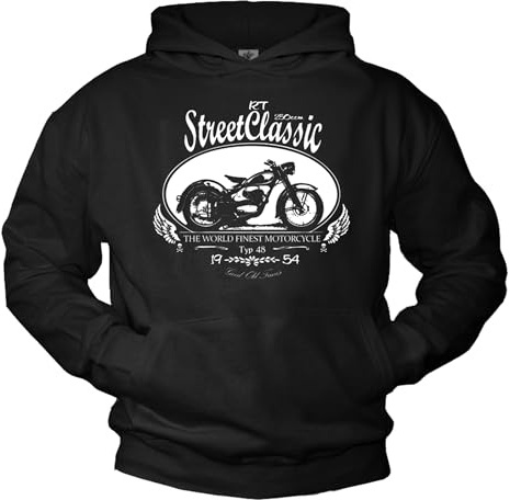 MAKAYA Men's Motorcycle Hoodie DKW RT 250 Pullover – Vintage Biker Sweatshirt with Print, Classic Oldtimer Style Hooded Jumper Gift for Riders, Motorbike Fans & Chopper Enthusiasts Black L