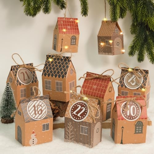 RUBY Calendario de Adviento para rellenar : 24 cajitas de regalo con pegatinas numeradas, kit de manualidades para Navidad 2025, calendario de Adviento con casitas para niños y adultos.