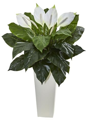 Nearly Natural 3ft. Spathiphyllum Artificial Plant in White Tower Planter