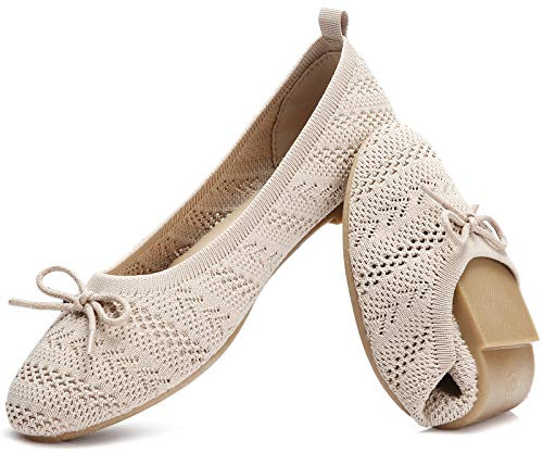 HEAWISH Women’s Flats Shoes Comfortable Black Beige Flats Crochet Lace Mesh Round Toe Slip On Casual Ballet Flats Dress Shoes(Beige, US6)