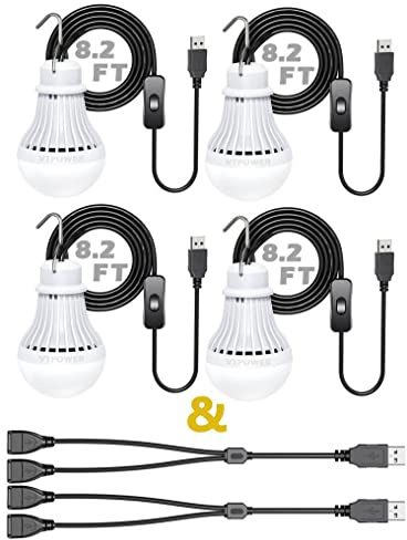 VTpower 4 Pack Portable LED Bulb, 5W USB LED Camping Light for Garage Warehouse Car Truck Fishing Boat Outdoor Emergency Light Children Bed Room, 2.5m/8.2ft Extension Cord…