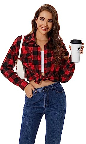 Fourindo Womens Plaid Shirt Ladies Cotton Tops Button Down Long Sleeve Womens Oversize Boyfriend Shirts Casual Flannel Checked Shirt with Pocket Red
