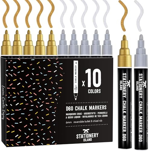 STATIONERY ISLAND Stylo Craie Pour Tableau Noir Effacable, Marqueur Craie Effacable, Feutre Craie pour le Verre Fenêtre, 6MM Lot de 10 Métallique Couleur, 5 doré & 5 argenté