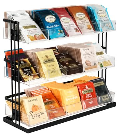 J JACKCUBE DESIGN Tea Bag Organizer Steel and Acrylic 3 Tier, 15 Compartment Tea Bags Sugar Packets Coffee Station Storage Holder for Cabinet Countertop Office (Black)- MK956A