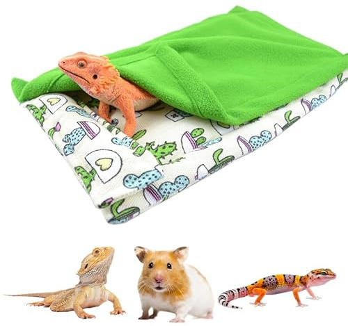 CQJ Bearded Dragon Hammock Sleeping Bag Set- Hanging Pet Bed with Pillow and Blanket Hideout Habitat with Soft Warm for Bearded Dragon Lizard Leopard Gecko and Small Pet Animal (Beige + green Quilt)