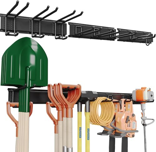 BONTEC Heavy Duty Tool Rack Wall Mounted, 336kg Capacity, 122.4cm Rail, Adjustable Garage Wall Racks with 8 Hooks, Broom Holder, Garden Tool Storage, Utility Room Storage, Black, 3 Pack