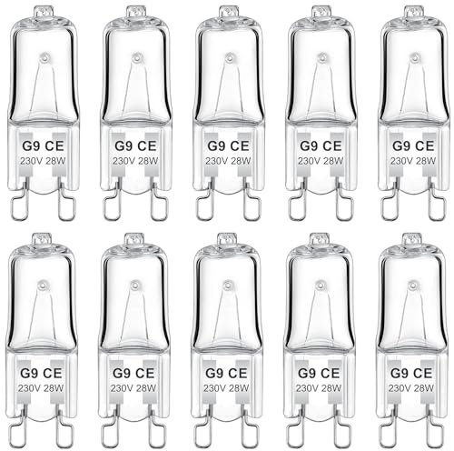 FANKEELY G9 Halogen Light Bulbs 28W - Pack of 10 Dimmable Bulbs for Lamps, Warm White of 2800K, Long-Lasting - Ideal for Home Lighting