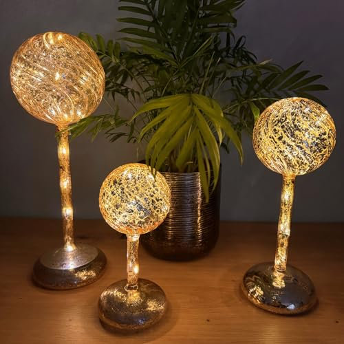 Online Fuchs 3 LED Glaskugeln mit Standfuß, integrierter LED-Lichterkette und 6-Stunden Timer - Stimmungslicht, Dekolicht (Champagner)