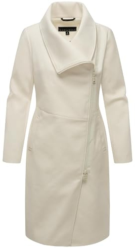 Navahoo Chaqueta larga de entretiempo para mujer en aspecto de lana con cuello asimétrico y cremallera impermeable rosa terciopelo 14 XS-3XL, blanco crudo, L