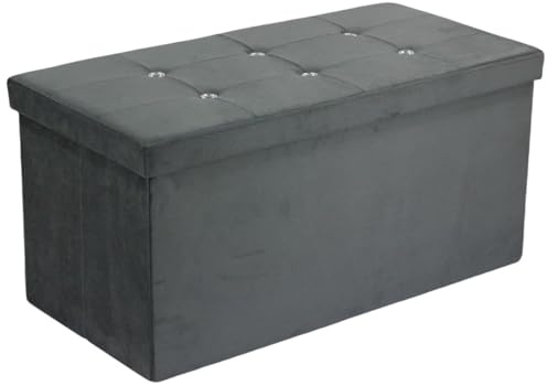 simpa Large Fold Flat Dark Grey Brushed Velvet Ottoman Storage with Thick Comfortable Cushion - 76cm (L) x 38cm (W) x 37cm (H)