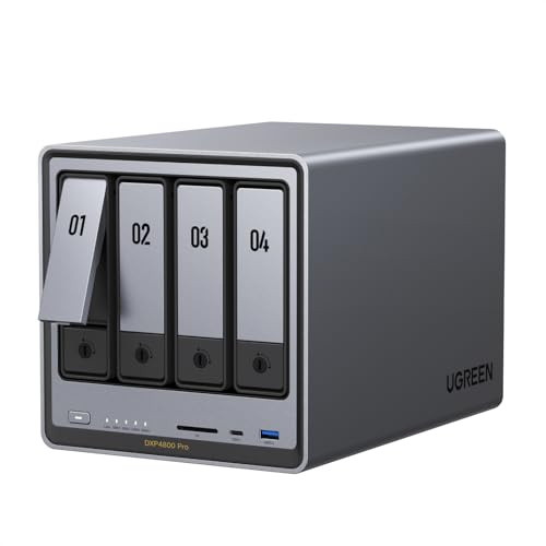 UGREEN NAS DXP4800 Pro 4-Bay Desktop NAS, Intel® Core™ i3-1315U 6-Core CPU, 8GB DDR5 RAM, Built-in 128G SSD, 1x 10GbE, 1x 2.5GbE, 2X M.2 NVMe Slots, 4K HDMI, Network Attached Storage (Diskless)
