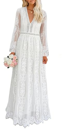 HOYISHION Women's Boho Lace Maxi Formal Dress Long Sleeve Wedding Guest Evening Party Long Dresses