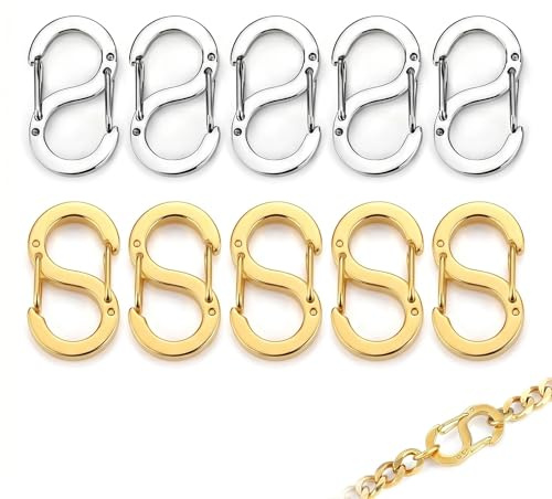 10 Piezas Cierres de Mosquetón con Doble Apertura de Acero Inoxidable, 12mm Conectores de Cadena para Collares y Pulseras, Fornituras para Bisutería DIY, 5 Plata y 5 Oro