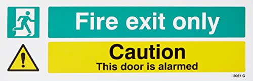 Caledonia Signs 22061G Fire Exit Only Caution This Door Is Alarmed Sign, Self Adhesive Vinyl, 300 mm x 100 mm