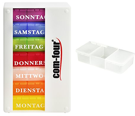 COM-FOUR® Doseur de médicaments 7 jours - boîte à médicaments - boîte à plateaux - doseur hebdomadaire + boîte à pilules à 3 compartiments [Langue: Allemand] (01 pièces - blanc avec accessoires)