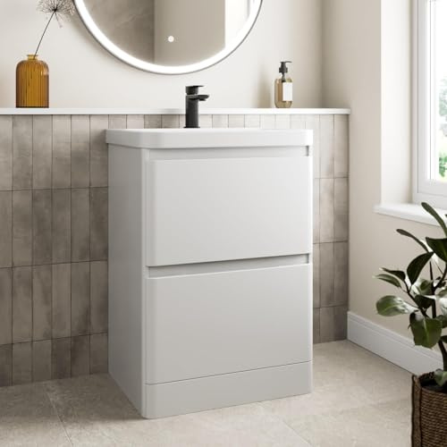 Affine 600mm Bathroom Vanity Unit With Wash Basin Ceramic Sink, White Gloss | Single Tap Hole, 2 Soft Close Drawers, Cloakroom Storage Furniture Freestanding Cabinet, Fully Assembled, Modern Curved