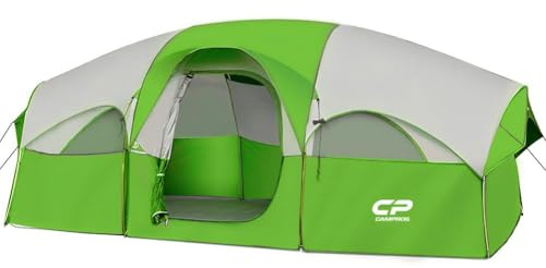 CAMPROS CP Tent 8 Person Camping Tents, Weather Resistant Family Tent, 5 Large Mesh Windows, Double Layer, Divided Curtain for Separated Room, Portable with Carry Bag - Green