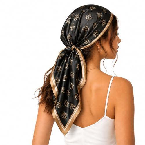 FAIRYGATE Scarf Gifts for Women 27 Inches Silk Like Bandana Hijab Square Ladies Hair Scarfs Sleeping Headscarf Headwear Satin Scarves Black 21234