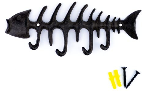 AdoreYourSpace Fish Bones Rustic Cast Iron Key Holder for Wall, Heavy Duty Coat Hooks, Decorative Vintage Key Rack, Key Hooks Wall Mounted with 4 Cast Iron Hooks - Rust Black