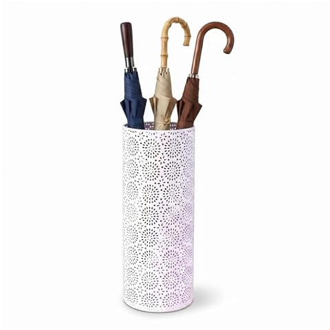 BEWBBAT Umbrella Stand Rack for Entryway, Free Standing Metal Umbrella Holder, Round Umbrella Organizer Bin with 3 Hooks for Long Short Umbrella, Walk Stick, Home Office Indoor, 17 x 7 Inch, White