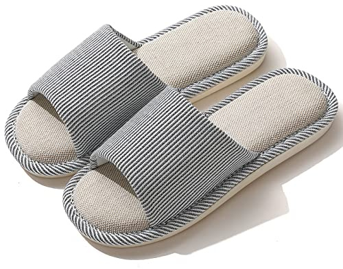 JIJIe Slippers for Women Men Linen Slippers Open Toe House Shoes Summer Sandals for Indoor Outdoor Bedroom (Navy Blue 42/43)