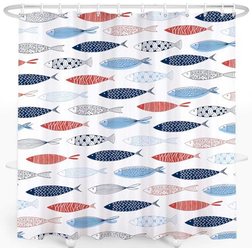 oflok Duschvorhang mit buntem Fisch, Polyester, wasserdicht, mit 12 Haken, 183 x 183 cm (04)