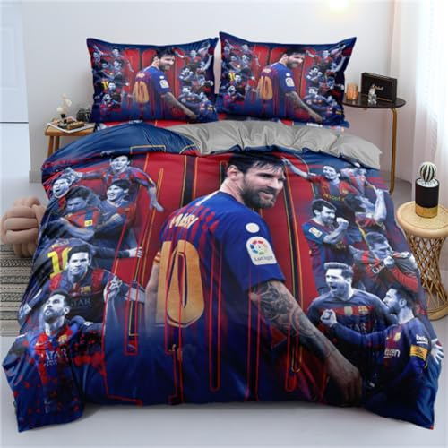 ENIXWH Juego de ropa de cama de fútbol para adolescentes 3D con funda nórdica FCB Messi de microfibra, juego de ropa de cama de fútbol con cierre de cremallera y 2 fundas de almohada para niños y