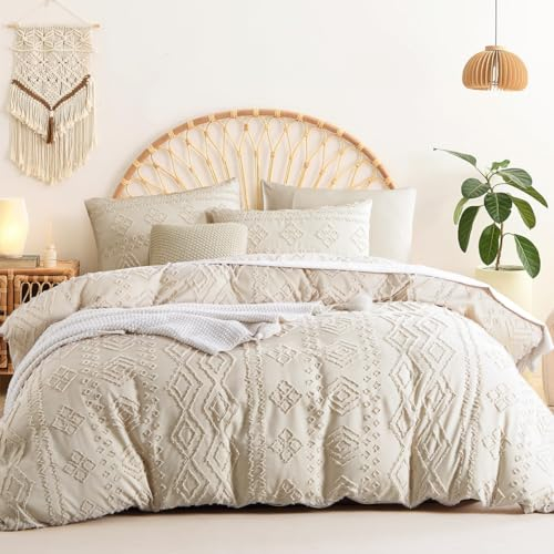 Sedefen Boho Bettwäsche 135x200 cm Beige Getuftet Geometrisch Muster Wendebettwäsche Set Stickerei Shabby Chic Böhmen Bettbezug mit Reißverschluss und 1 Kissenbezug 80x80cm