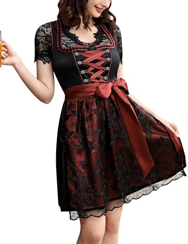 KOJOOIN Dirndl Court 3 Pièces pour Femme. Robe Midi Traditionnelle pour L'Oktoberfest avec Tablier en Dentelle Noir 44