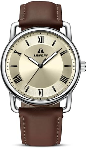 LN LENQIN Mens Watches Leather Watch Analog Quartz Watches Men 30M Waterproof Men's Wrist Watches Fashion Business Watch for Man (Dark Brown Silver Gold2)