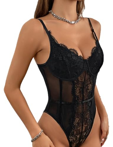 SHEKINI Body de mujer elegante de encaje Sheer Mesh Bodysuit de malla transparente Body sin mangas cuello en V Jumpsuit ajustado una pieza espaguetis Strap Sexy Verano Lencería Top, Negro , M