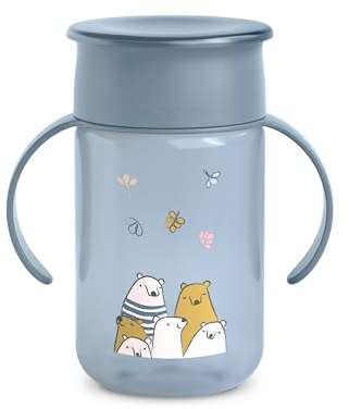 Suavinex, Tasse Apprentissage avec Disque Anti-Goutte, Gobelet Bébé, Magic Cup, Rebord Antifuite 360°, avec Poignées, avec Couvercle Hygiénique, Verre Enfant +12 Mois, 340 ml, Bears Bleu