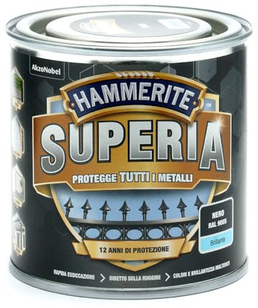 Hammerite Superia smalto metallo antiruggine interno e esterno, Brillante Nero, 250 ml