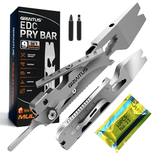 9IN1 Multitool Camping Zubehör EDC Pry Bar mit Schraubendreher Schraubenschlüssel Brecheisen Flaschenöffner Skalpell Stemmeisen und Nagelzieher Lineal, Geschenke für Männer/Frauen