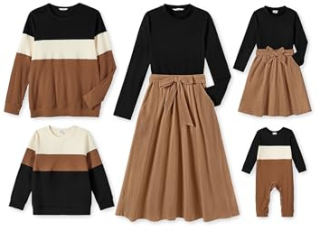 PATPAT Familien Outfit Set - Partnerlook Mutter Tochter Kleidung, Langarm T-Shirt & Mutter Kind Kleider Mama Tochter Kleidung für Herbst & Frühling/Herren, Khaki, Mädchen: 2 Jahre