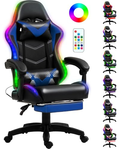 Czlolo Gaming Chair, Racing Style RGB LED Lights Gaming Chairs for Adults and Kids, Lumbar Massager Gamer Chair, High Back Reclining Computer Chair with Footrest and Headrest (Black/Blue)