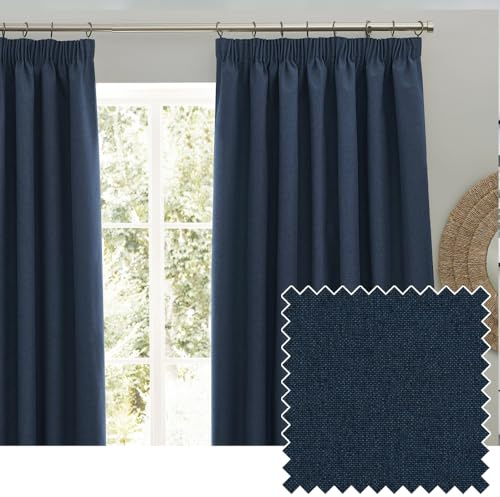 furn. Dawn Textured Blackout Pencil Pleat Curtains – Thermal Lined Pair (Blue - Width 168 x Drop 183cm)