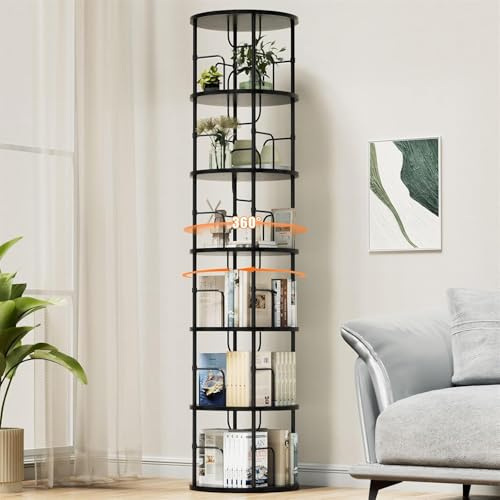 Generisch Libreria Girevole a 360°, Scaffale da Terra in Legno, Bookshelf a 6 Livelli, Livelli Regolabili, Scaffale Autoportante, 45×45×193cm, Nero