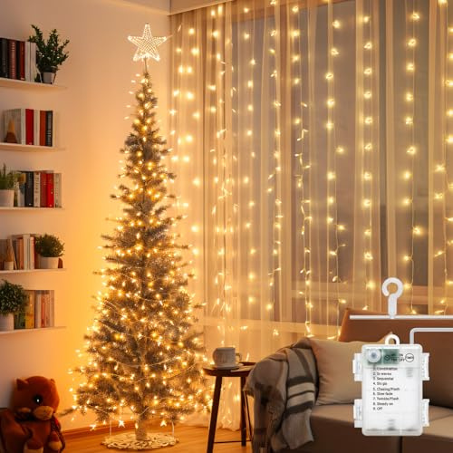 Aigostar Lichterkette Vorhang 3AA Batterie, Lichtervorhang Innen 2x2m mit 200 LED Warmweiß, 8 Modi, Timer, Wasserdicht, Lichterkette Fenster für Innen, im Freien, Christmas Decorations
