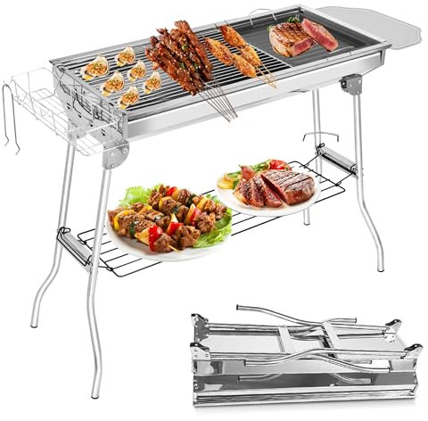TEOV Barbecue Grill 100x33.5x70cm, Stainless Steel Charcoal BBQ Grill, Folding Portable Grill for Outdoor, Patio, Camping, Party