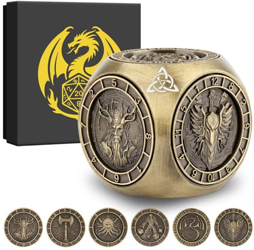 Dés Rotatifs du Bout des Doigts DND, 7-en-1 Métallique D&D Dés avec Relief 3D, Dés Polyédriques Tournants D&D, Cadeaux DND avec Boîte Cadeau, RPG, Jeu de Rôle, Accessoires de Jeu de Société, Bronze