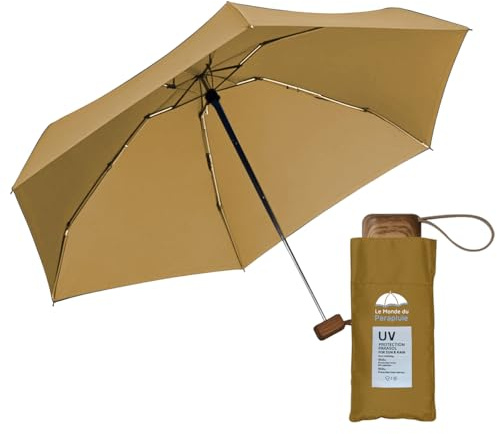 Le Monde du Parapluie Mini ombrello pieghevole a 5 persiane con protezione UV UPF 50+, protezione UV UV, leggero e compatto, per viaggi, tasca, borsa antivento e manico in legno con rivestimento in