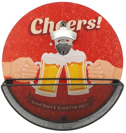 Vintage Round Wall Mounted Beer Bottle Opener with Storage Bin Retro Decor for BBQ Shop Bar