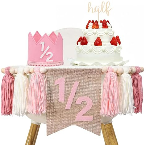 Birthday Boy Half Birthday Decorations High Chair Banner, 6 Month Tassel Wood Bead Highchair Garland Blue (Pink)