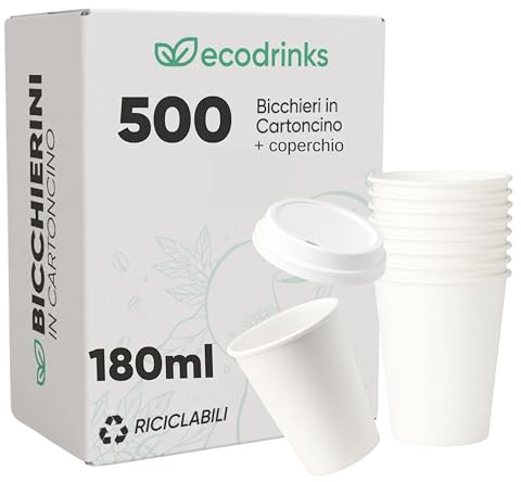 ecodrinks 500 Bicchieri di Carta con Coperchio di Plastica da 180ml - Per Caffè Lungo, Espresso, Ginseng, Acqua o Cocktail - Adatti all'Uso Domestico, e Attività, Bianchi