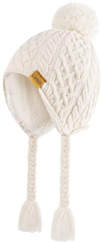 Gopaice Kids Winter Beanie Hat with Pom Pom, Winter Fleece Lining Skiing Caps with Warm Ear Flap 4-10 Years White