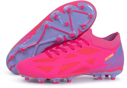 FEETHING Womens Soccer Cleats Firm Ground Outdoor Athletic Football Boots Lightweight Soccer Shoes for Youth Girls,Fuchsa,8.5 Fuchsia