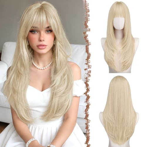 FESHFEN Peluca Liso con Flequillo - Pelucas Rubio Claro Largo y Rectas con Capas para Mujeres Natural Sintética Peluca Largas para Uso Diario en Fiestas, 60 cm